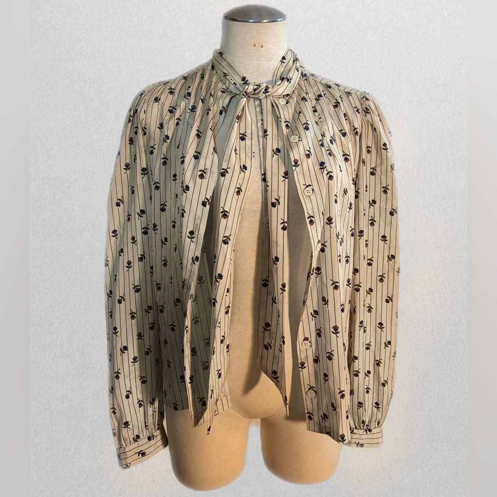 Vintage Cream and Black Floral Blouse with Tie Neck